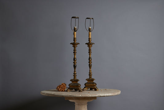 Pair of Carved End Gilt Spanish Candle Stick Lamps