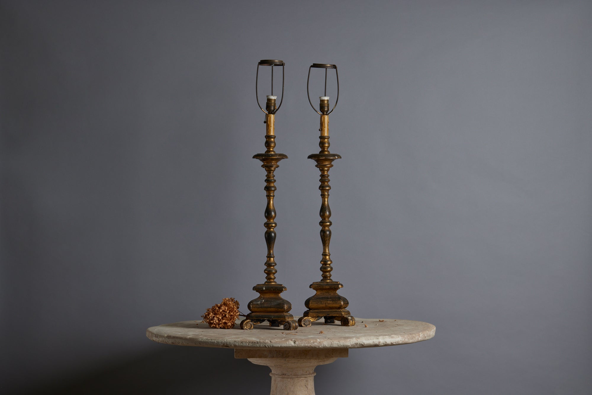 Pair of Carved End Gilt Spanish Candle Stick Lamps