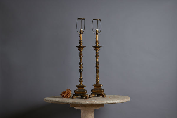 Pair of Carved End Gilt Spanish Candle Stick Lamps