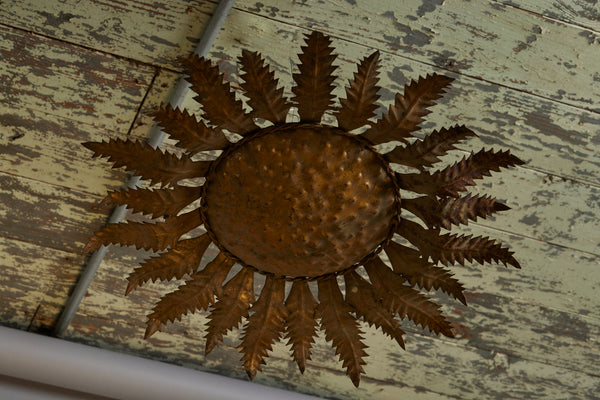 1940s Spanish Gilt Iron Ceiling Mounted Fixture  in the Form of a Sunflower