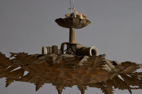 1940s Spanish Gilt Iron Ceiling Mounted Fixture  in the Form of a Sunflower