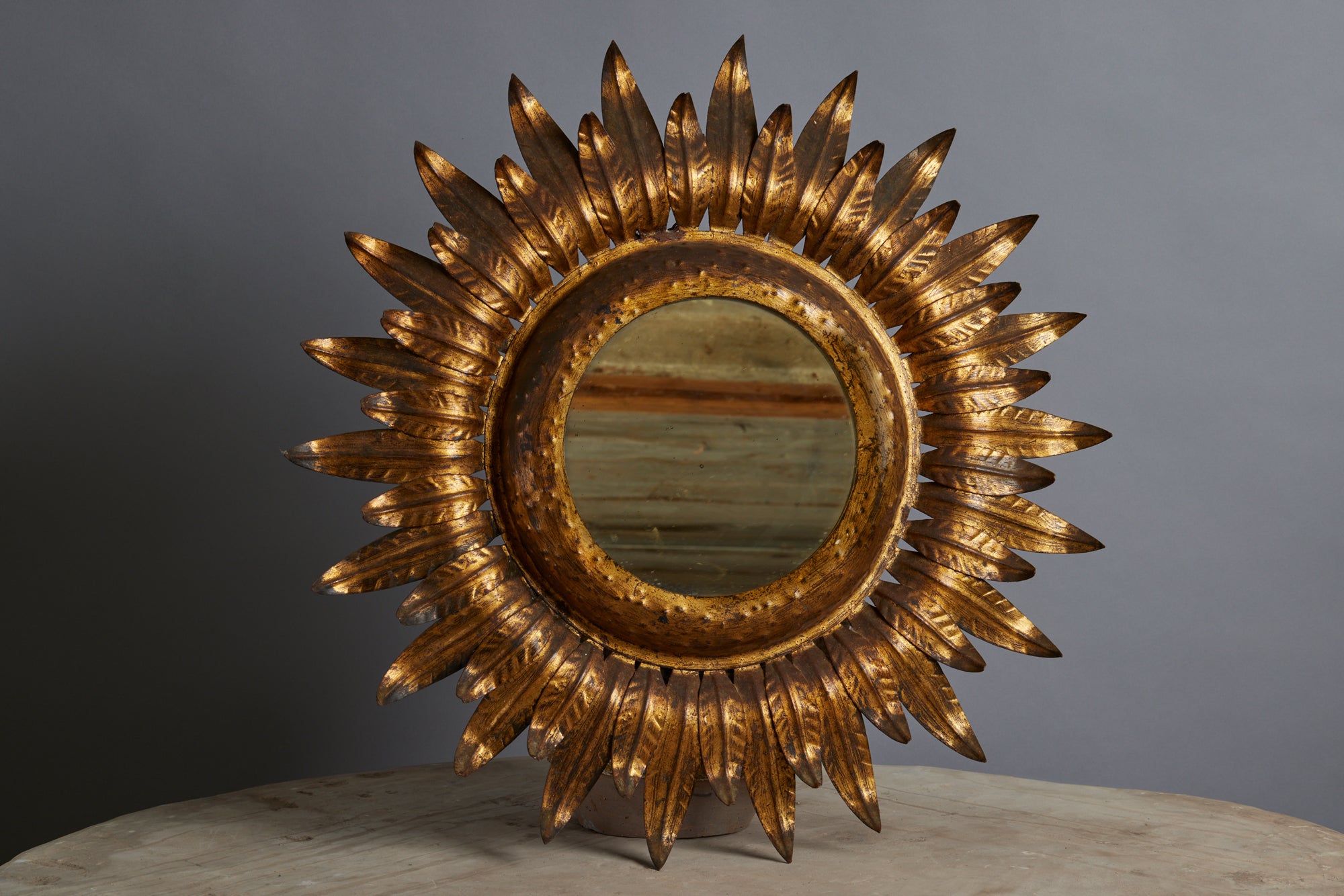 1940s Spanish Gilt Iron Mirrored Sconce in the Shape of a Sunflower