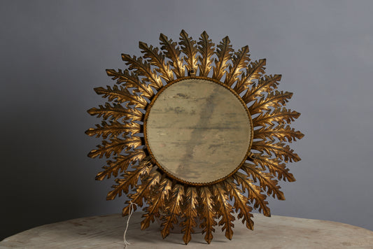1940s Spanish Gilt Iron Mirrored Sconce in the Shape of a Sunflower
