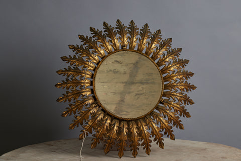 1940s Spanish Gilt Iron Mirrored Sconce in the Shape of a Sunflower