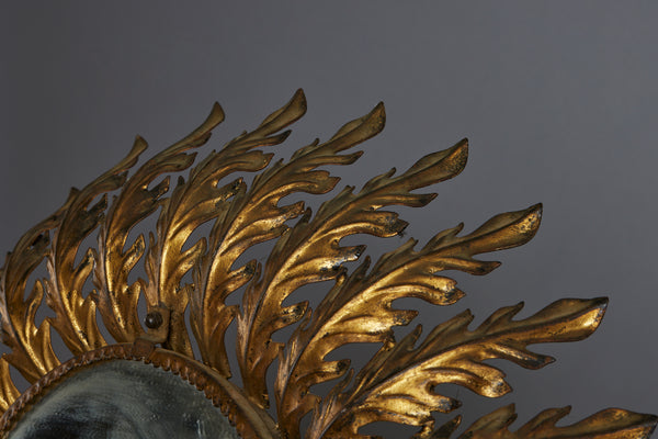1940s Spanish Gilt Iron Mirrored Sconce in the Shape of a Sunflower