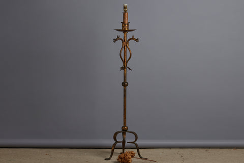 1940s Wrought Iron Gilt Neo Gothic Floor Lamp with Dragons on a Tall Torshier Base