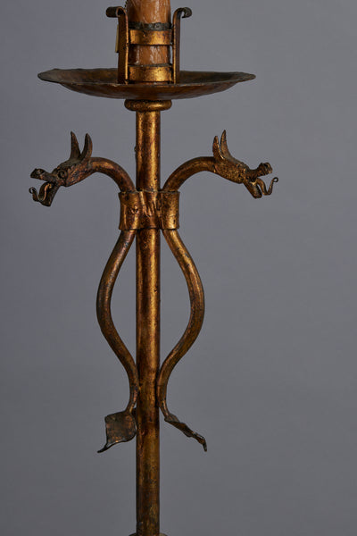 1940s Wrought Iron Gilt Neo Gothic Floor Lamp with Dragons on a Tall Torshier Base