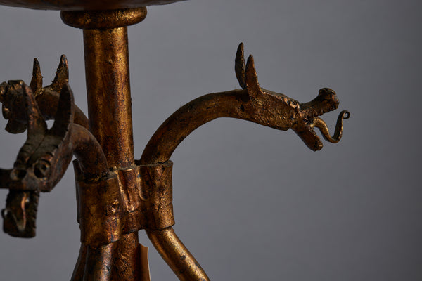 1940s Wrought Iron Gilt Neo Gothic Floor Lamp with Dragons on a Tall Torshier Base