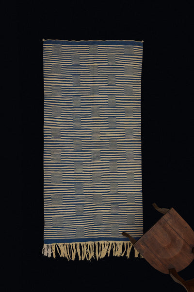 Indigo & Cream Coloured Flat Woven Kilim with Stripes & Squares .............. (37''x 6'5'')