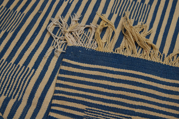 Indigo & Cream Coloured Flat Woven Kilim with Stripes & Squares .............. (37''x 6'5'')