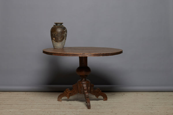 Dutch Colonial Round Teak Pedestal Table with a Reeded 3 Board Top