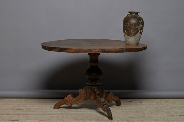 19th Century Dutch Colonial Teak Round Side Table with a Beautiful Old 3-Board Top