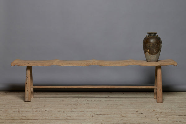 Long Teak Bench with a Sculpted Seat & Scrolled Ends