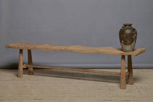 Long Teak Bench with a Sculpted Seat & Scrolled Ends