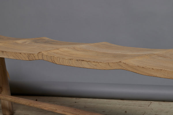 Long Teak Bench with a Sculpted Seat & Scrolled Ends