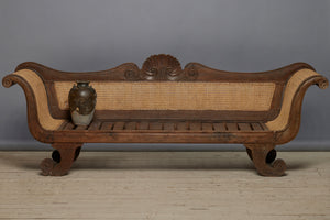 Dutch Colonial Regency Style Teak & Rattan Sofa with Scrolled Arms & Shell Carved Back