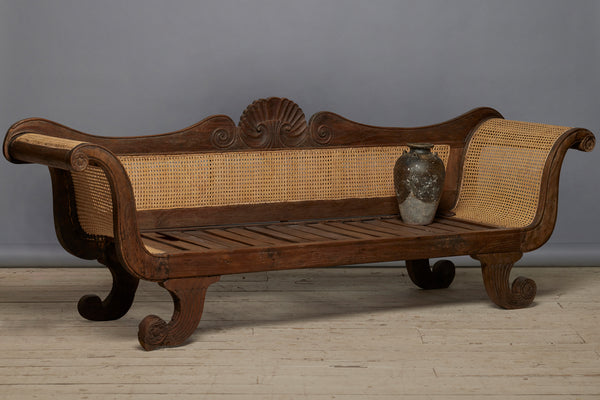 Dutch Colonial Regency Style Teak & Rattan Sofa with Scrolled Arms & Shell Carved Back