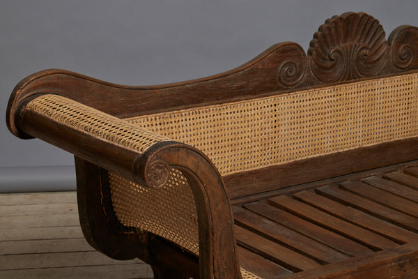 Dutch Colonial Regency Style Teak & Rattan Sofa with Scrolled Arms & Shell Carved Back