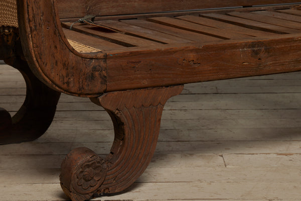 Dutch Colonial Regency Style Teak & Rattan Sofa with Scrolled Arms & Shell Carved Back