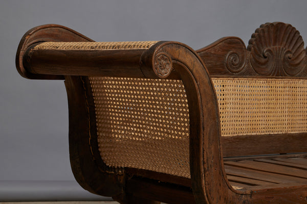 Dutch Colonial Regency Style Teak & Rattan Sofa with Scrolled Arms & Shell Carved Back