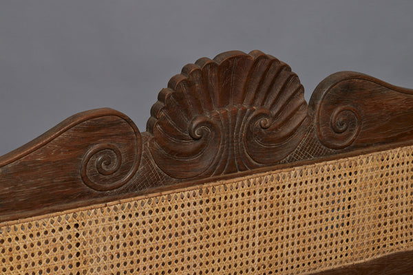 Dutch Colonial Regency Style Teak & Rattan Sofa with Scrolled Arms & Shell Carved Back