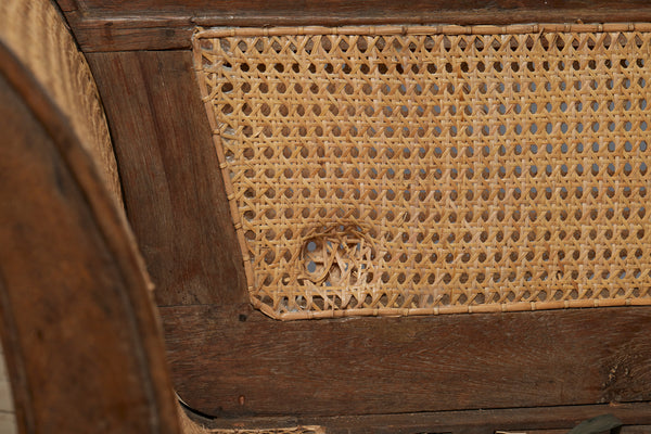 Dutch Colonial Regency Style Teak & Rattan Sofa with Scrolled Arms & Shell Carved Back