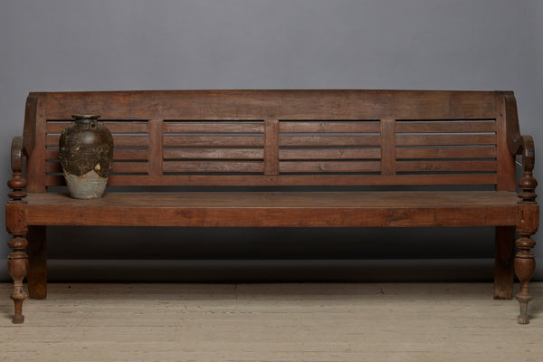 Early Classic Dutch Colonial Teak Bench with Slatted Back & Beautifully Turned Legs