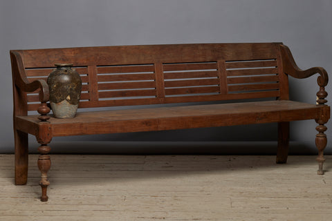 Early Classic Dutch Colonial Teak Bench with Slatted Back & Beautifully Turned Legs