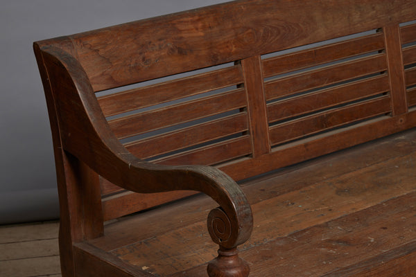 Early Classic Dutch Colonial Teak Bench with Slatted Back & Beautifully Turned Legs