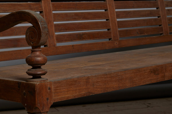 Early Classic Dutch Colonial Teak Bench with Slatted Back & Beautifully Turned Legs