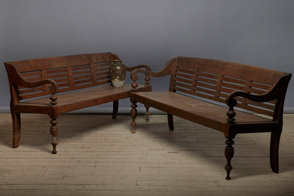 Early Classic Dutch Colonial Teak Bench with Slatted Back & Beautifully Turned Legs