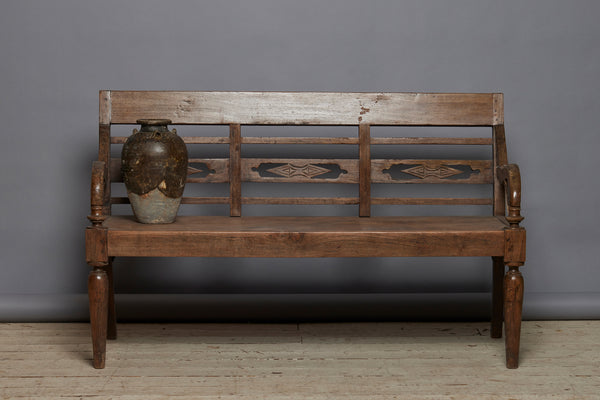 Small 19th Century Dutch Colonial Teak Bench with Turned Legs from Jakarta