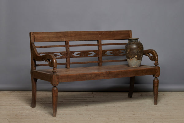 Small 19th Century Dutch Colonial Teak Bench with Turned Legs from Jakarta