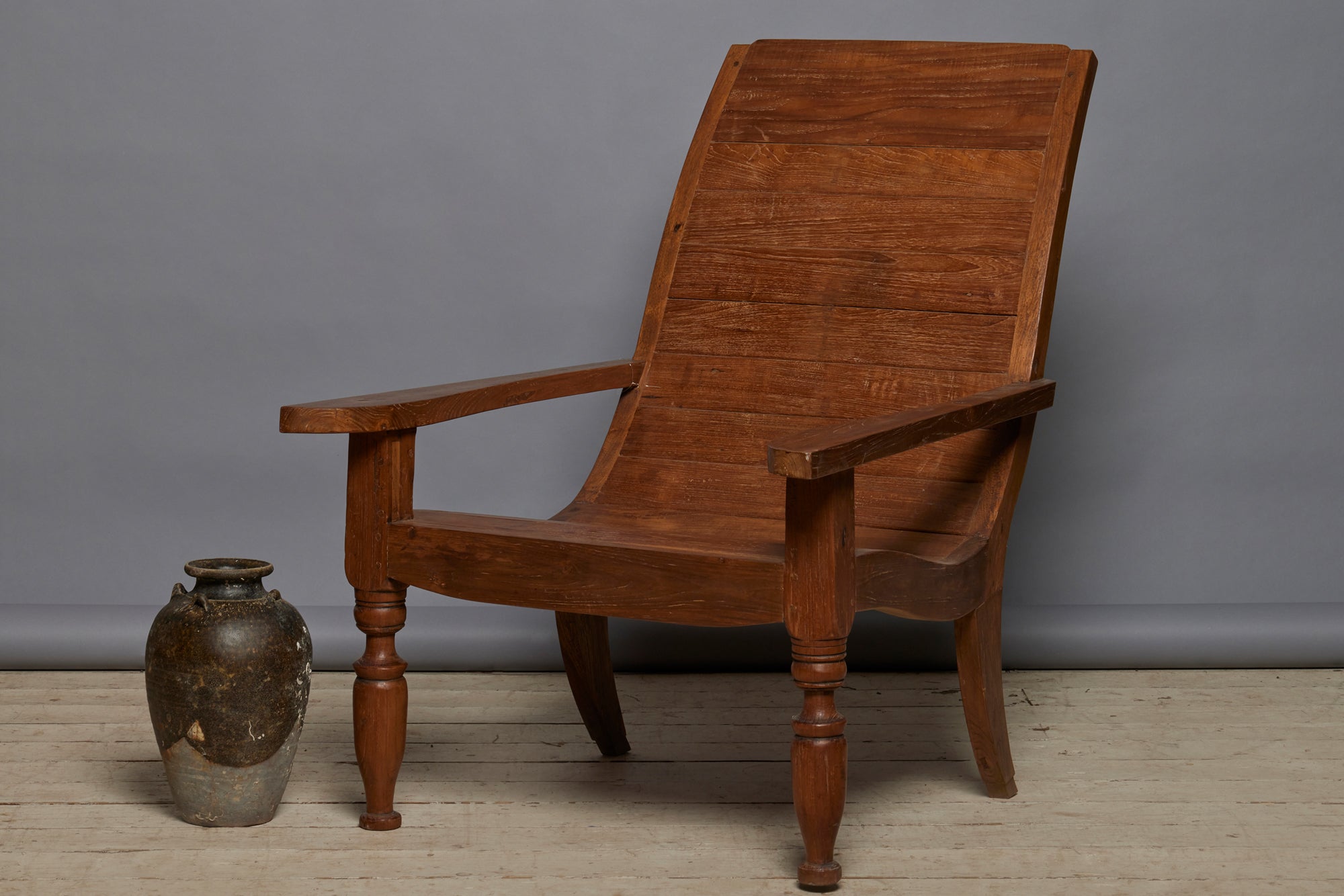 Large Slat Back Early Teak Lounging Chair with Nicely Turned Legs