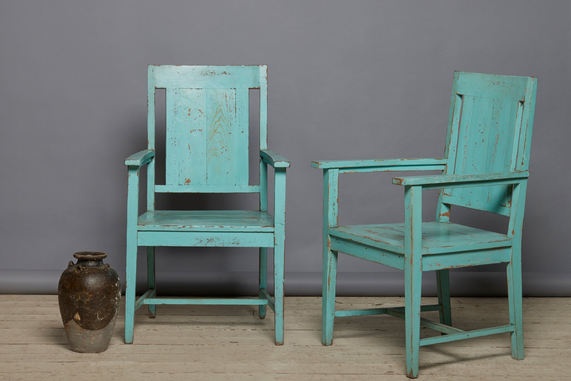 Pair of Blue Painted Dutch Colonial Teak Lounge Chairs from Java