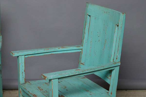 Pair of Blue Painted Dutch Colonial Teak Lounge Chairs from Java