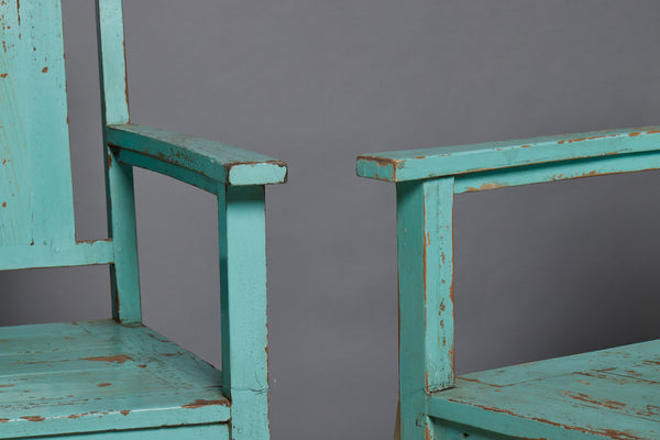 Pair of Blue Painted Dutch Colonial Teak Lounge Chairs from Java