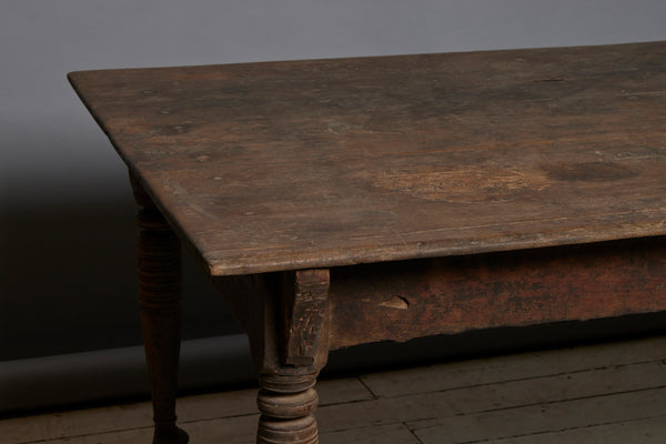 19th Century Turned Leg Natural Finish Teak Dining Table with Small Bracket