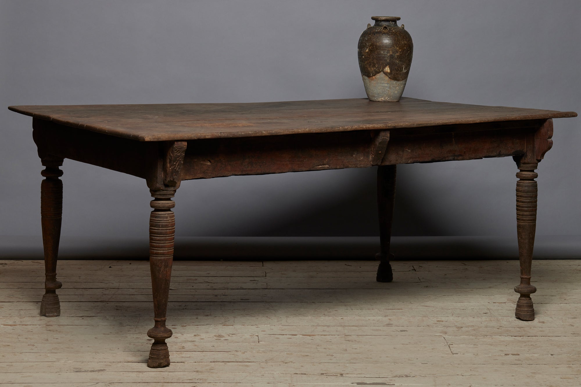 19th Century Turned Leg Natural Finish Teak Dining Table with Small Bracket