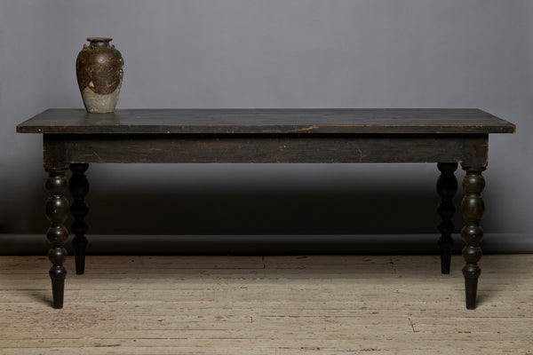 Thick Top Teak Turned Leg Dining Table with an Ebonized Finish from Java