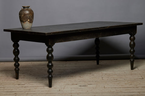 Thick Top Teak Turned Leg Dining Table with an Ebonized Finish from Java