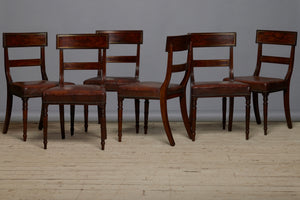 Set of Six English Georgian Mahogany Dining Chairs with Old Leather Seats & Brass Inlay