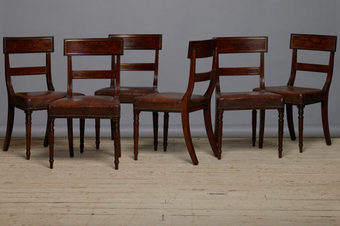 Set of Six English Georgian Mahogany Dining Chairs with Old Leather Seats & Brass Inlay