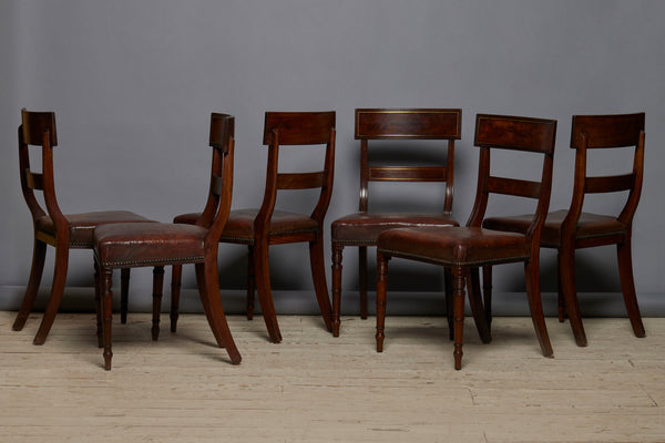 Set of Six English Georgian Mahogany Dining Chairs with Old Leather Seats & Brass Inlay