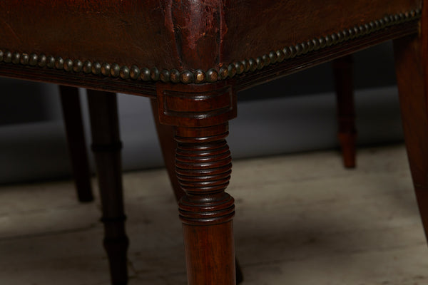 Set of Six English Georgian Mahogany Dining Chairs with Old Leather Seats & Brass Inlay