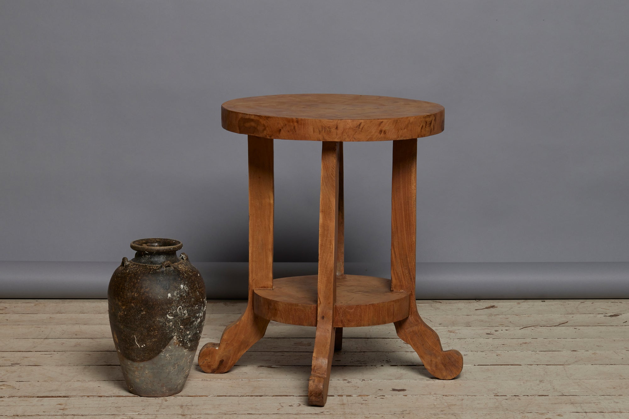 Round Teak Scroll Legged Side Table with a Lower Shelf