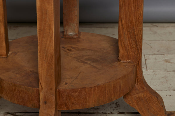 Round Teak Scroll Legged Side Table with a Lower Shelf