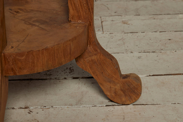 Round Teak Scroll Legged Side Table with a Lower Shelf