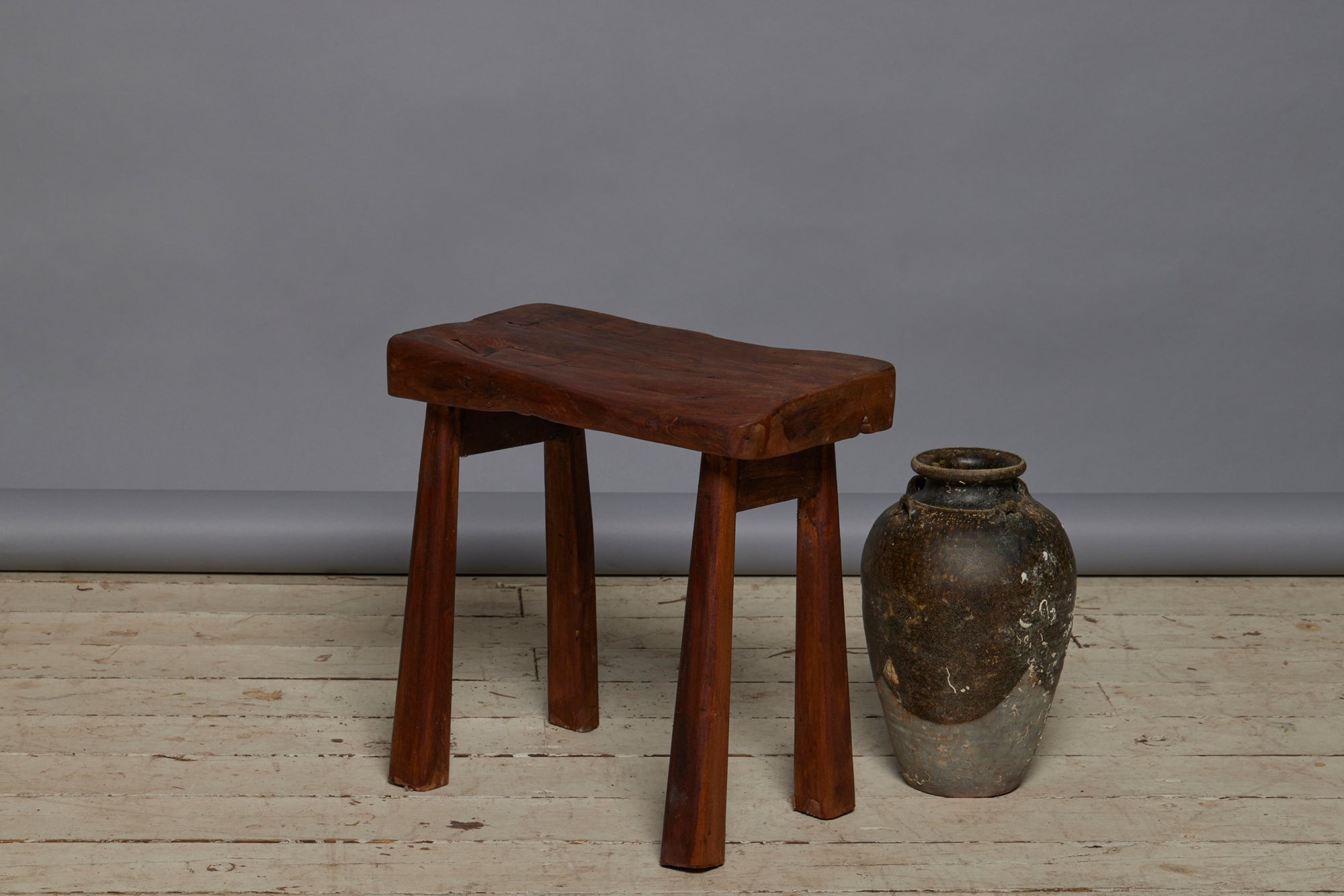 Small Primitive Teak Stool with an Old Warn Teak Top