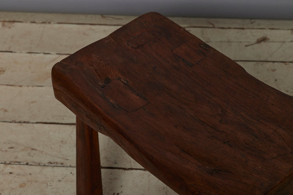 Small Primitive Teak Stool with an Old Warn Teak Top